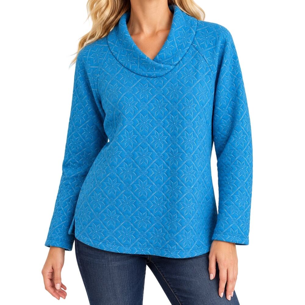 Talbots Sz XL Blue Sparkly Silver Quilted Christmas Sweatshirt Blouse Top Winter